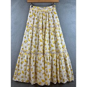 Rose + Olive Resort Yellow Floral Tiered Maxi Skirt Linen-Look Pockets L